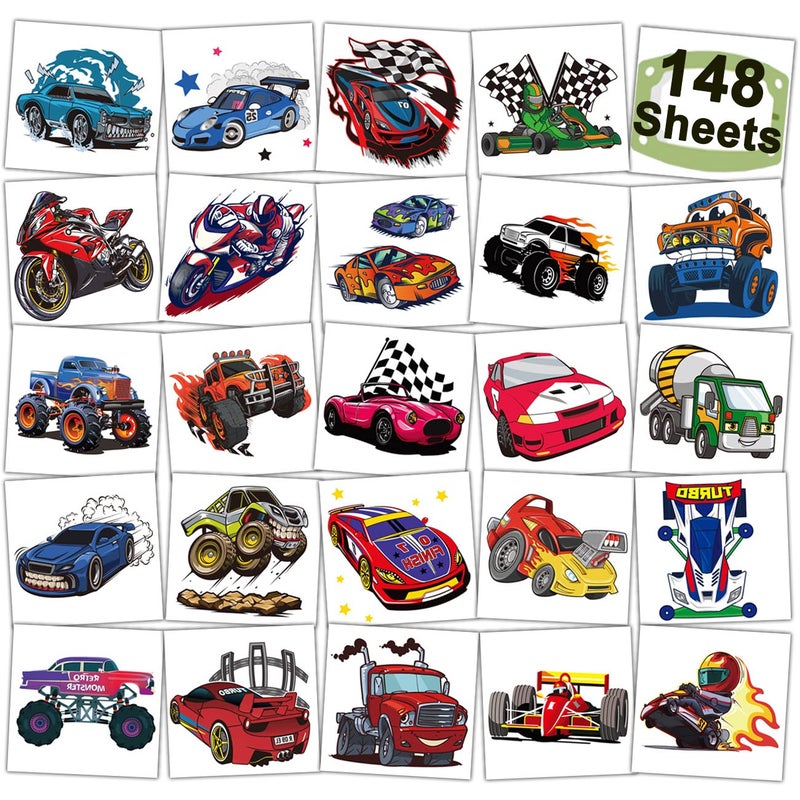CHARLENT 148 PCS Race Car and Monster Truck Temporary Tattoos for Kids - GoKart Car Individual Tattoos for Boys Racecar Birthday Party Favors Goodie Bag Fillers - Image 1